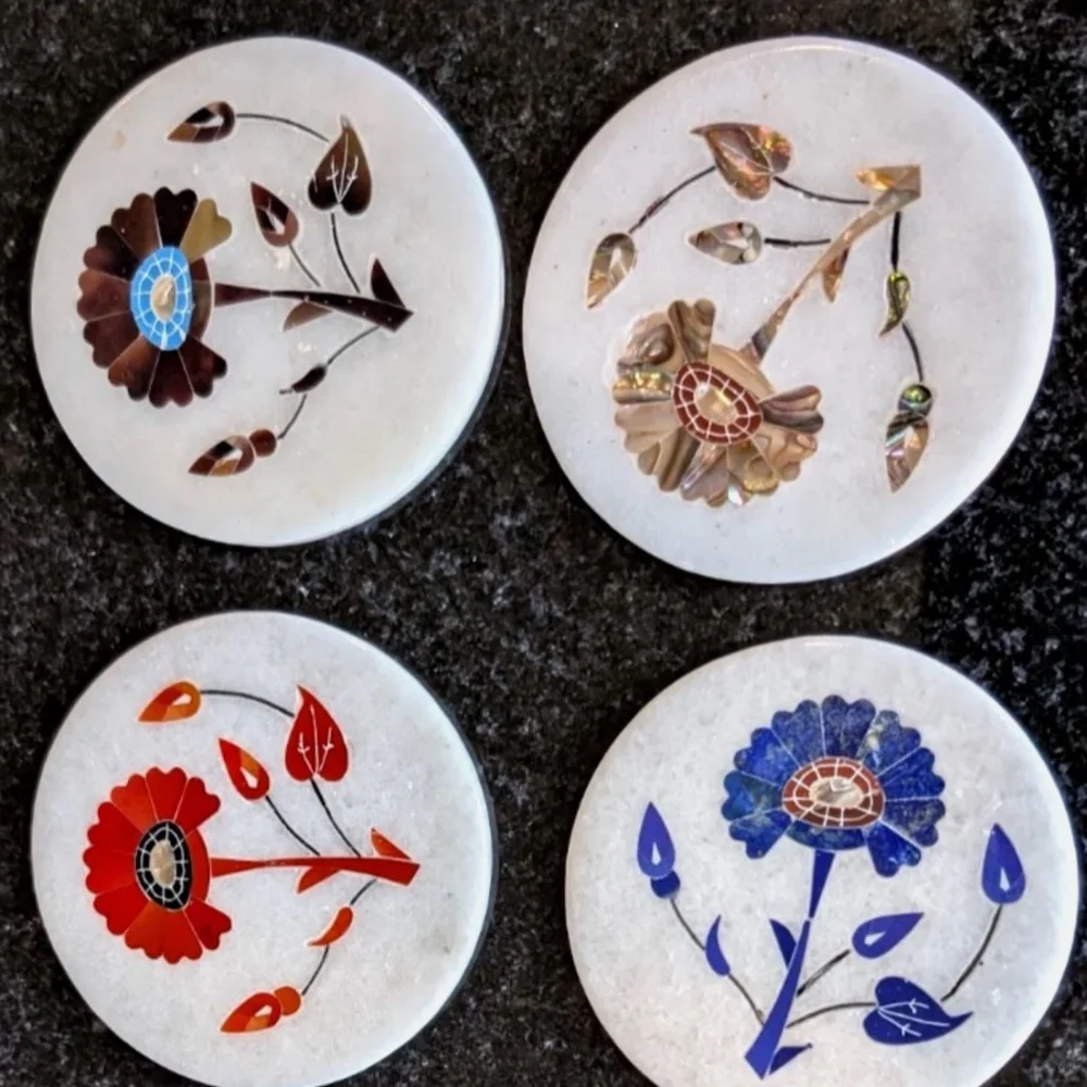 Handcrafted Marble Inlay Floral Coasters Set of 6 + Holder